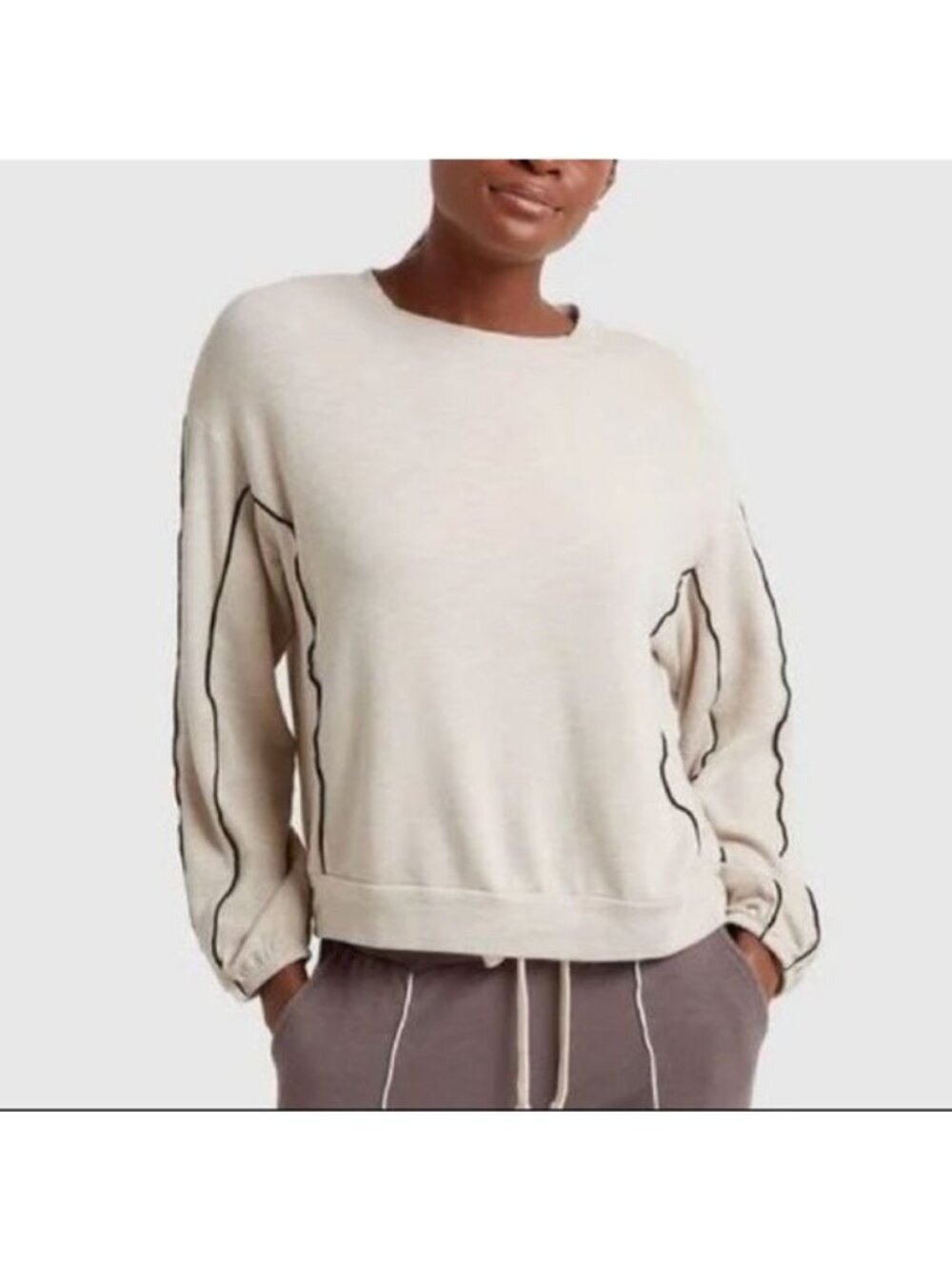 NWT Monrow Supersoft Silky Piping Seamed Sweatshirt XL Ash Black Pullover